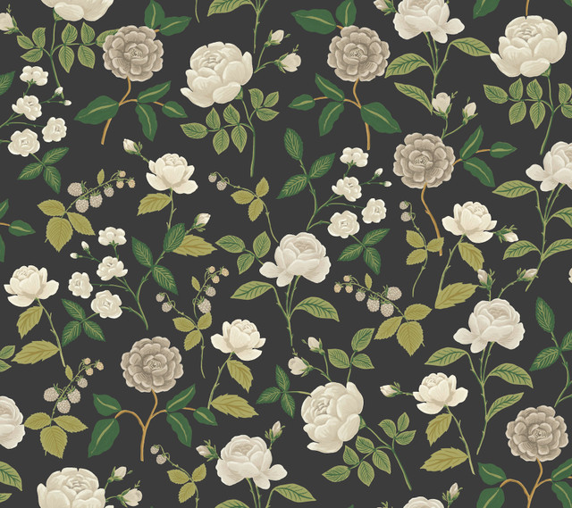 Rifle Paper Co. Roses Black Wallpaper Rifle Paper Co. 3rd Edition Covers about 60.8 square feet Unpasted 24-in repeat, drop match 27-in by 27-ft long roll - My Fabric Connection - Rifle Paper Co. Roses Black Wallpaper Rifle Paper Co. 3rd Edition Covers about 60.8 square feet Unpasted 24-in repeat, drop match 27-in by 27-ft long roll - My Fabric Connection -