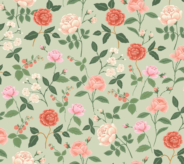 Rifle Paper Co. Roses Mint Wallpaper Rifle Paper Co. 3rd Edition Covers about 60.8 square feet Unpasted 24-in repeat, drop match 27-in by 27-ft long roll - My Fabric Connection -