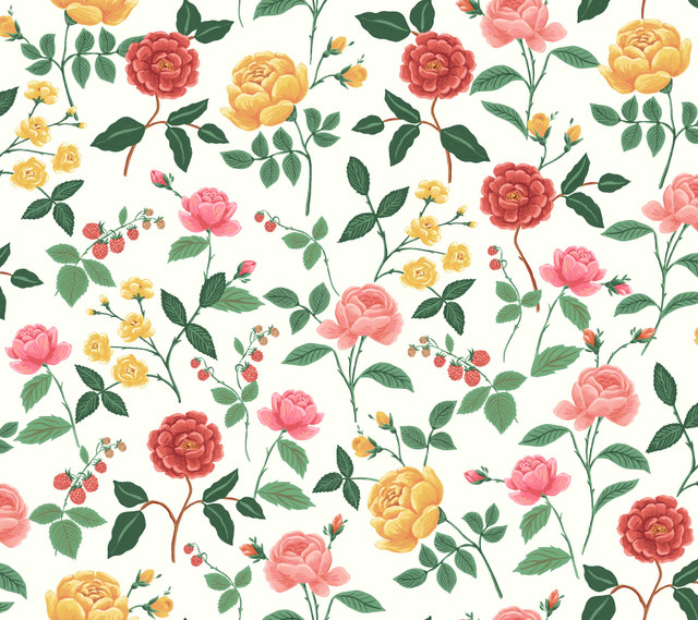 Rifle Paper Co. Roses Blush Wallpaper Rifle Paper Co. 3rd Edition Covers about 60.8 square feet Unpasted 24-in repeat, drop match 27-in by 27-ft long roll - My Fabric Connection -