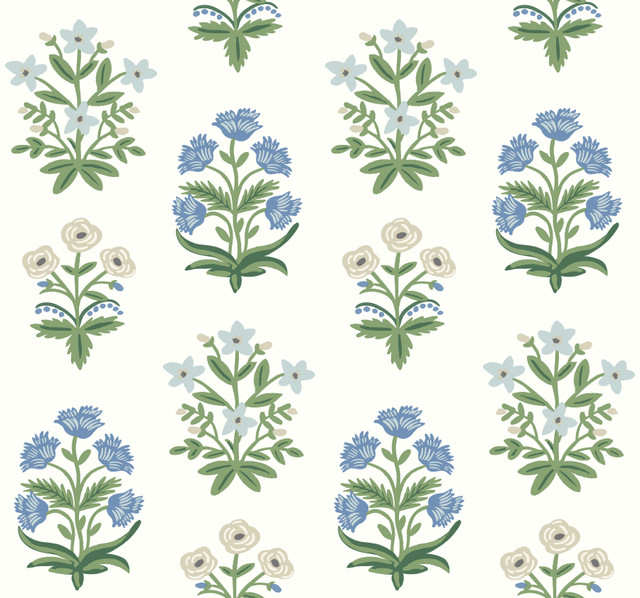 Rifle Paper Co. Mughal Rose White & Purple Wallpaper Rifle Paper Co. Second Edition Covers about 60.8 square feet Unpasted 25.25-in repeat, straight match 27-in by 27-ft long roll - My Fabric Connection -