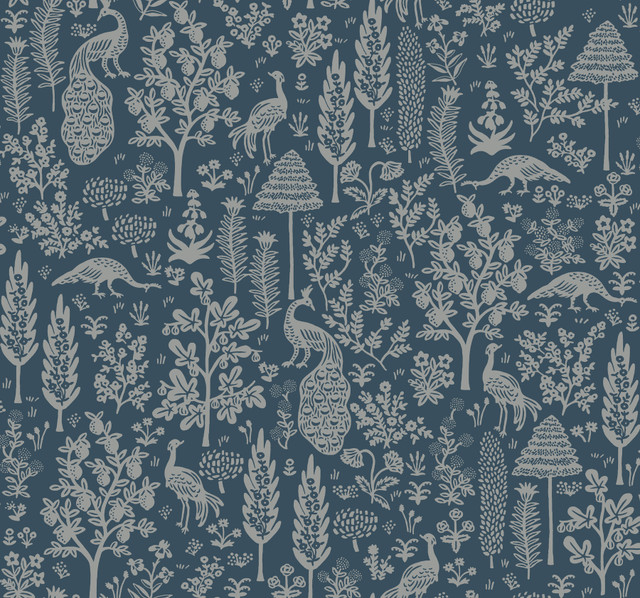Rifle Paper Co. Menagerie Toile Dark Blue Wallpaper Rifle Paper Co. Second Edition Covers about 60.8 square feet Unpasted 25.25-in repeat, drop match 27-in by 27-ft long roll - My Fabric Connection -