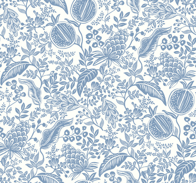 Rifle Paper Co. Pomegranate White & Blue Wallpaper Rifle Paper Co. Second Edition Covers about 60.8 square feet Unpasted 25.25-in repeat, straight match 27-in by 27-ft long roll - My Fabric Connection - Rifle Paper Co. Pomegranate White & Blue Wallpaper Rifle Paper Co. Second Edition Covers about 60.8 square feet Unpasted 25.25-in repeat, straight match 27-in by 27-ft long roll - My Fabric Connection -