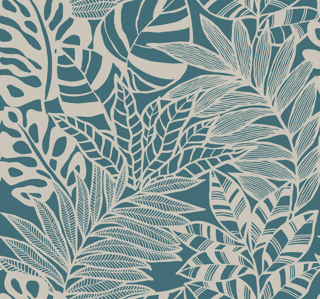 York Wallcoverings Jungle Leaves Teal Wallpaper Silhouettes Covers about 60.8 square feet Unpasted 25.25-in repeat, straight match 27-in by 27-ft long roll - My Fabric Connection -