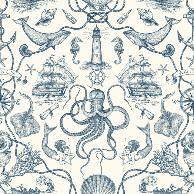 York Wallcoverings Deep Sea Toile Blue Wallpaper Tailored Covers about 56.4 square feet Prepasted 20.5-in repeat, straight match 20.5-in by 33-ft long roll - My Fabric Connection - York Wallcoverings Deep Sea Toile Blue Wallpaper Tailored Covers about 56.4 square feet Prepasted 20.5-in repeat, straight match 20.5-in by 33-ft long roll - My Fabric Connection -