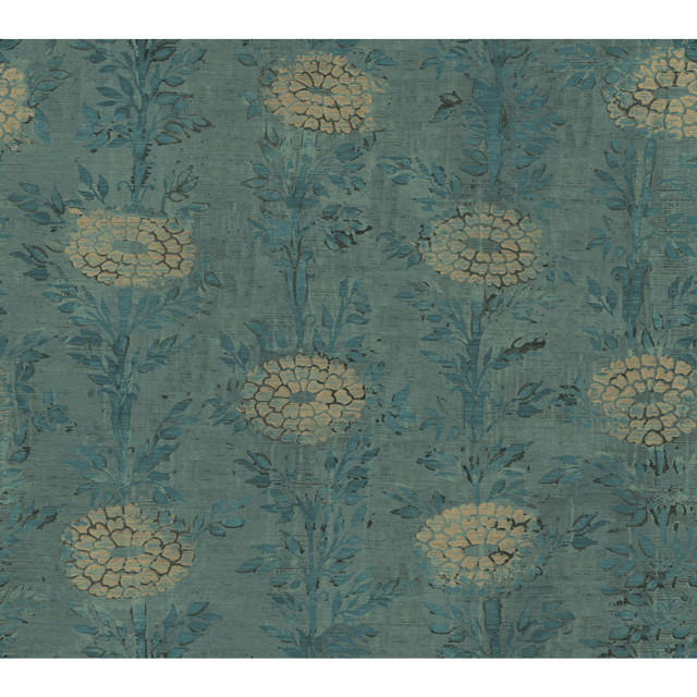 Ronald Redding French Marigold Teal & Gold Wallpaper Tea Garden Covers about 60.8 square feet Unpasted 24-in repeat, straight match 27-in by 27-ft long roll - My Fabric Connection - Ronald Redding French Marigold Teal & Gold Wallpaper Tea Garden Covers about 60.8 square feet Unpasted 24-in repeat, straight match 27-in by 27-ft long roll - My Fabric Connection -
