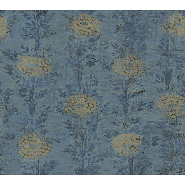 Ronald Redding French Marigold Blue & Gold Wallpaper Tea Garden Covers about 60.8 square feet Unpasted 24-in repeat, straight match 27-in by 27-ft long roll - My Fabric Connection - Ronald Redding French Marigold Blue & Gold Wallpaper Tea Garden Covers about 60.8 square feet Unpasted 24-in repeat, straight match 27-in by 27-ft long roll - My Fabric Connection -