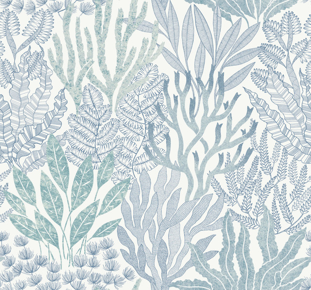 York Wallcoverings Coral Leaves Blue & Aqua Wallpaper Toile Resource Library Covers about 60.8 square feet Unpasted 25.25-in repeat, straight match 27-in by 27-ft long roll - My Fabric Connection - York Wallcoverings Coral Leaves Blue & Aqua Wallpaper Toile Resource Library Covers about 60.8 square feet Unpasted 25.25-in repeat, straight match 27-in by 27-ft long roll - My Fabric Connection -
