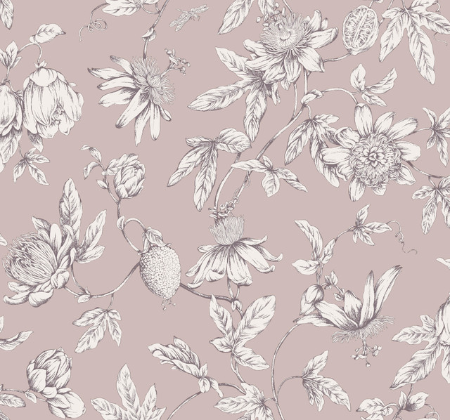 York Wallcoverings Passion Flower Toile Orchid Wallpaper Toile Resource Library Covers about 60.8 square feet Unpasted 25.25-in repeat, drop match 27-in by 27-ft long roll - My Fabric Connection - York Wallcoverings Passion Flower Toile Orchid Wallpaper Toile Resource Library Covers about 60.8 square feet Unpasted 25.25-in repeat, drop match 27-in by 27-ft long roll - My Fabric Connection -