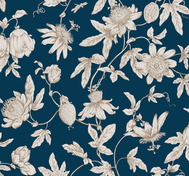 York Wallcoverings Passion Flower Toile Navy Wallpaper Toile Resource Library Covers about 60.8 square feet Unpasted 25.25-in repeat, drop match 27-in by 27-ft long roll - My Fabric Connection - York Wallcoverings Passion Flower Toile Navy Wallpaper Toile Resource Library Covers about 60.8 square feet Unpasted 25.25-in repeat, drop match 27-in by 27-ft long roll - My Fabric Connection -