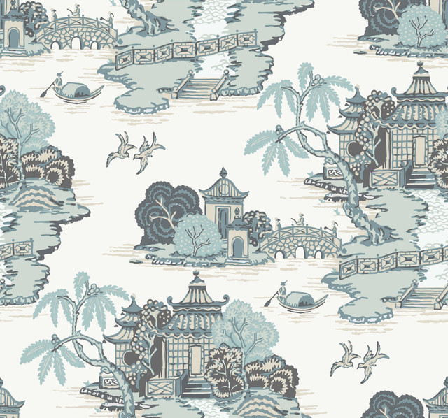 York Wallcoverings Pagoda And Sampan Scenic Seamist Wallpaper Toile Resource Library Covers about 60.8 square feet Unpasted 25.25-in repeat, straight match 27-in by 27-ft long roll - My Fabric Connection - York Wallcoverings Pagoda And Sampan Scenic Seamist Wallpaper Toile Resource Library Covers about 60.8 square feet Unpasted 25.25-in repeat, straight match 27-in by 27-ft long roll - My Fabric Connection -