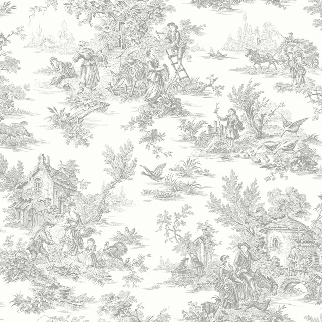 York Wallcoverings Campagne Toile Grey Wallpaper Toile Resource Library Covers about 56.4 square feet Prepasted 20.5-in repeat, drop match 20.5-in by 33-ft long roll - My Fabric Connection -