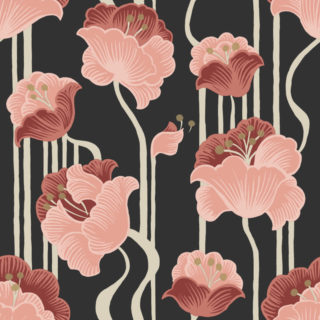 York Wallcoverings Shirley Coral Deco Floral Peel & Stick Wallpaper Mirth Studios Covers about 34.2 square feet Peel & Stick 20.5-in repeat, straight match 20.5-in by 20-ft long roll - My Fabric Connection -