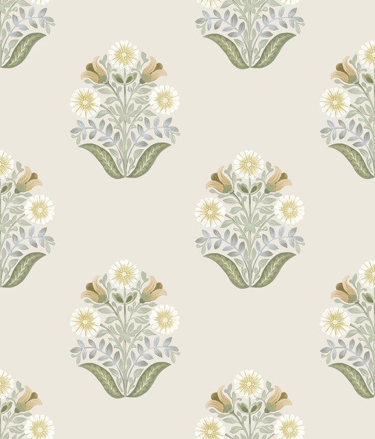 York Wallcoverings Sophie Sage Floral Medallion Peel & Stick Wallpaper Mirth Studios Covers about 34.2 square feet Peel & Stick 24-in repeat, drop match 20.5-in by 20-ft long roll - My Fabric Connection -