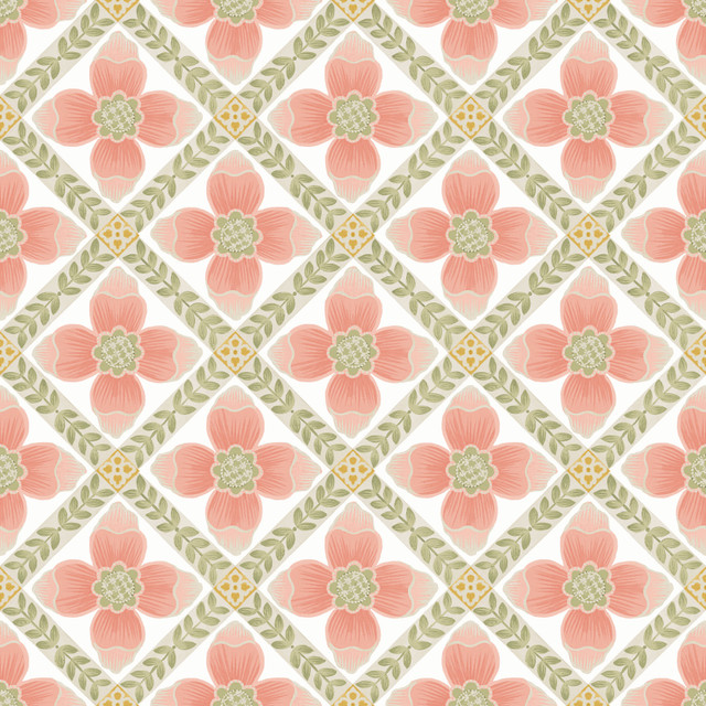 York Wallcoverings Mimi Coral Quilted Floral Peel & Stick Wallpaper Mirth Studios Covers about 34.2 square feet Peel & Stick 20.5-in repeat, straight match 20.5-in by 20-ft long roll - My Fabric Connection -