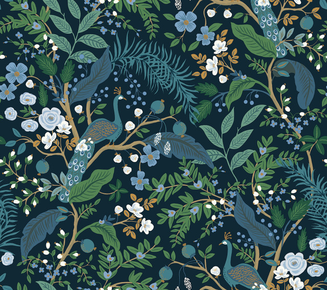 Rifle Paper Co. Peacock Garden Navy Peel & Stick Wallpaper P&S Rifle Paper 3 Covers about 45 square feet Peel & Stick 24-in repeat, straight match 27-in by 20-ft long roll - My Fabric Connection -