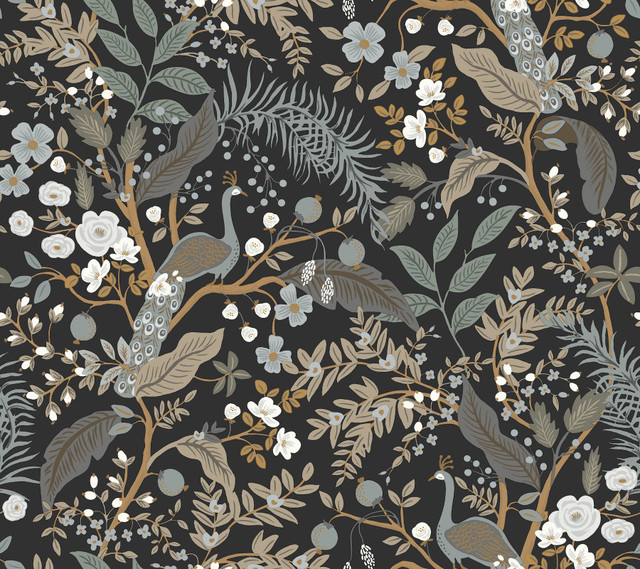 Rifle Paper Co. Peacock Garden Black Peel & Stick Wallpaper P&S Rifle Paper 3 Covers about 45 square feet Peel & Stick 24-in repeat, straight match 27-in by 20-ft long roll - My Fabric Connection - Rifle Paper Co. Peacock Garden Black Peel & Stick Wallpaper P&S Rifle Paper 3 Covers about 45 square feet Peel & Stick 24-in repeat, straight match 27-in by 20-ft long roll - My Fabric Connection -
