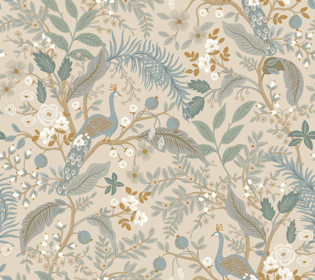 Rifle Paper Co. Peacock Garden Linen Peel & Stick Wallpaper P&S Rifle Paper 3 Covers about 45 square feet Peel & Stick 24-in repeat, straight match 27-in by 20-ft long roll - My Fabric Connection -