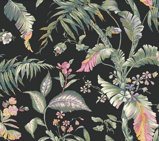 York Wallcoverings Fiji Garden Black Peel & Stick Wallpaper Vintage Florals Covers about 45 square feet Peel & Stick 24-in repeat, drop match 27-in by 20-ft long roll - My Fabric Connection -
