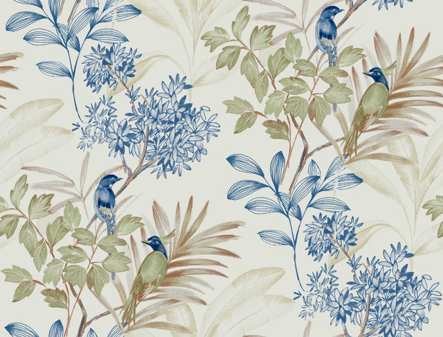 York Wallcoverings Handpainted Songbird Green & Blue Peel & Stick Wallpaper Watercolor Botanicals Covers about 45 square feet Peel & Stick 20.5-in repeat, straight match 27-in by 20-ft long roll - My Fabric Connection -