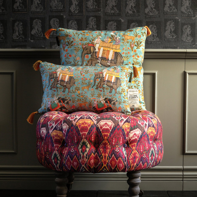 HINDUSTAN Aquamarine Linen Cushion (LC40023) by Mind The Gap Designer Pillows | LC40023 | NOMAD STORY | 20 x 12 in | Blue, Brown, Green, Orange | Fabric Carolina | https://www.fabriccarolina.com/