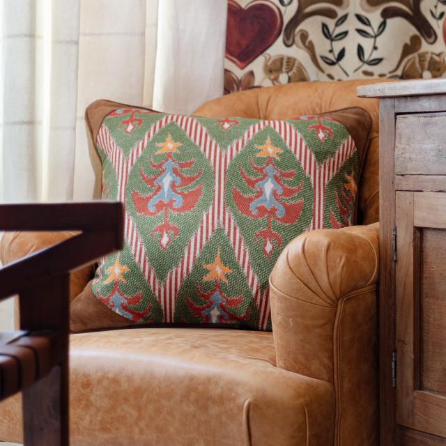 TANNENBAUM Cushion (LC40187) by Mind The Gap Designer Pillows | LC40187 | TYROL APRES-SKI HOME COLLECTION | 20 x 20 in | Blue, Green, Red, Yellow | Fabric Carolina | https://www.fabriccarolina.com/