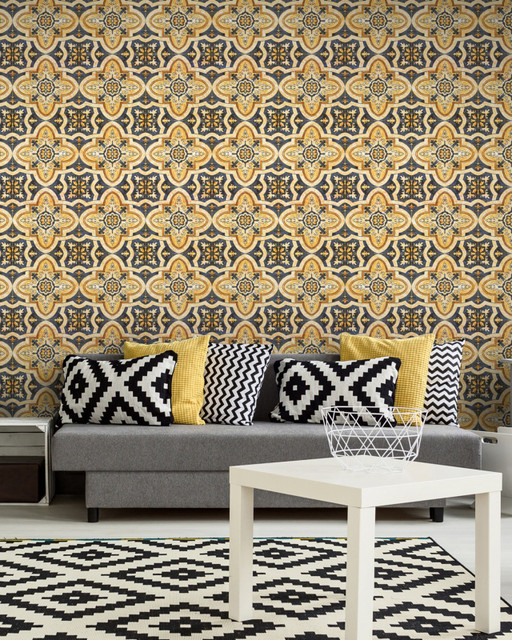 MAGHREB TILE Premium Wallpaper (WP20059) by Mind The Gap Designer Wallpaper | WP20059 | WALLPAPER DESIGNER COLLECTION | 3 rolls x 20.5 x 118.1 in | 0.52m / 20.5in | 3m / 118in | 4.65mp | 52cm / 20.5in | Blue, Orange, Yellow | Non-woven | Paste the wall | 3-rolls in a box | Fabric Carolina | https://www.fabriccarolina.com/