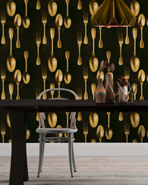 CUTLERY Brass (WP20246) by Mind The Gap Designer Wallpaper | WP20246 | PREMIUM DESIGNER WALLPAPER COLLECTION | 3 rolls x 20.5 x 118.1 in | 0.52m / 20.5in | 3m / 118in | 4.65mp | 70cm / 27.6in | Black, Gold | Non-woven | Paste the wall | 3-rolls in a box | Fabric Carolina | https://www.fabriccarolina.com/