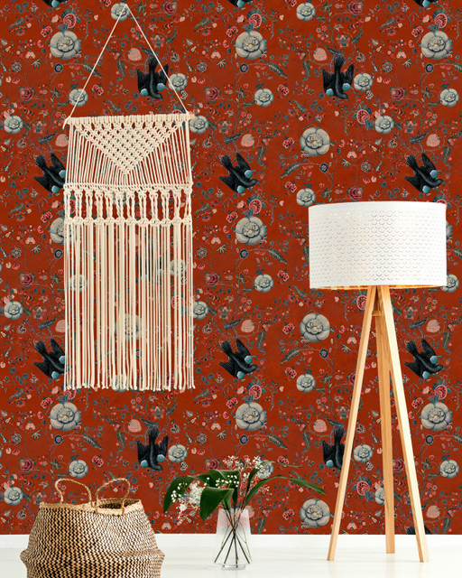 BLACK BIRD Wallpaper (WP20305) by Mind The Gap Designer Wallpaper | WP20305 | THE WALLPAPER COLLECTABLES | 3 rolls x 20.5 x 118.1 in | 0.52m / 20.5in | 3m / 118in | 4.65mp | 52cm / 20.5in | Black, Blue, Red | Textured Matte | Paste the wall | 3-rolls in a box | Fabric Carolina | https://www.fabriccarolina.com/