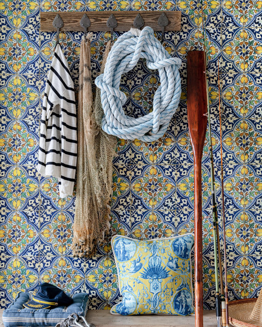 SARDEGNA TILES Wallpaper (WP20574) by Mind The Gap Designer Wallpaper | WP20574 | SUNDANCE VILLA | 3 rolls x 20.5 x 118.1 in | 0.52m / 20.5in | 3m / 118in | 4.65mp | 52cm / 20.5in | Green, Indigo, Taupe, Yellow | Textured Matte | Paste the wall | 3-rolls in a box | Fabric Carolina | https://www.fabriccarolina.com/