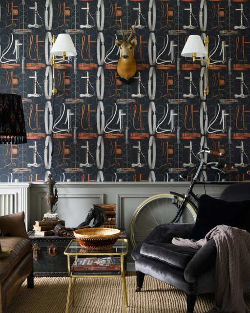 EQUESTRIAN EQUIPMENT Dark Wallpaper (WP20632) by Mind The Gap Designer Wallpaper | WP20632 | THE WALLPAPER COMPENDIUM 2 | 3 rolls x 20.5 x 118.1 in | 0.52m / 20.5in | 3m / 118in | 4.65mp | 70cm / 27.6in | Anthracite, Brown, Grey, Red | Satin Matte | Paste the wall | 3-rolls in a box | Fabric Carolina | https://www.fabriccarolina.com/
