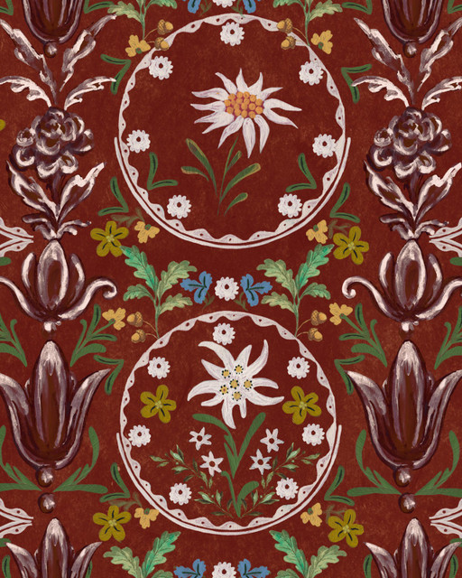 EDELWEISS Burgundy Wallpaper (WP20694) by Mind The Gap Designer Wallpaper | WP20694 | TYROL APRES-SKI HOME COLLECTION | 3 rolls x 20.5 x 118.1 in | 0.52m / 20.5in | 3m / 118in | 4.65mp | 52cm / 20.5in | Burgundy, Green, Red, Yellow | Textured Matte | Paste the wall | 3-rolls in a box | Fabric Carolina | https://www.fabriccarolina.com/