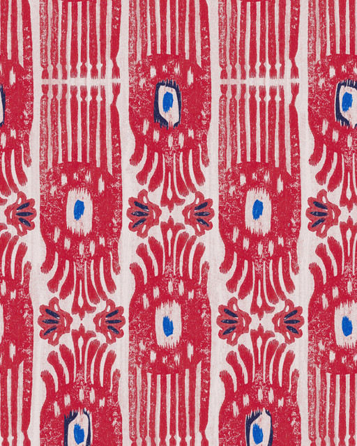 IKAT Raspberry Ripple Wallpaper (WP20819) by Mind The Gap Designer Wallpaper | WP20819 | MINNIE KEMP X MINDTHEGAP | 1 roll x 20.47 x 354.33 in | 0.52m / 20.5in | 9m / 354in | 4.68mp | 70cm / 27.6in | Blue, Pink, Taupe | Non-woven | Paste the wall | 1-roll in a box | Fabric Carolina | https://www.fabriccarolina.com/