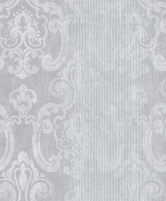 Advantage Ariana Silver Striped Damask Wallpaper Traditional Covers about 57.8 square feet 21-in by 33-ft long roll Unpasted 25.2 - My Fabric Connection -