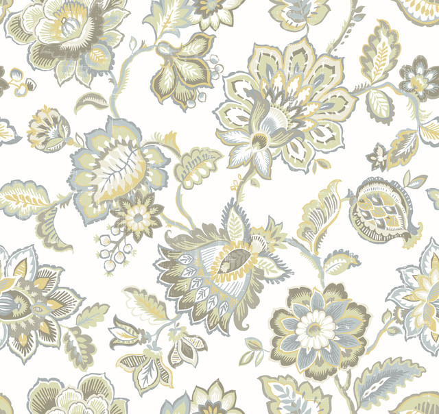 A-Street Prints Corona Mustard Jacobean Wallpaper Perennial Covers about 60.8 square feet 27-in by 27-ft long roll Unpasted 25.2 - My Fabric Connection -