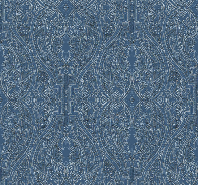 Ronald Redding Ascot Damask Blue Wallpaper Traveler Covers about 60.8 square feet 27-in by 27-ft long roll Unpasted 25.25 - My Fabric Connection - Ronald Redding Ascot Damask Blue Wallpaper Traveler Covers about 60.8 square feet 27-in by 27-ft long roll Unpasted 25.25 - My Fabric Connection -