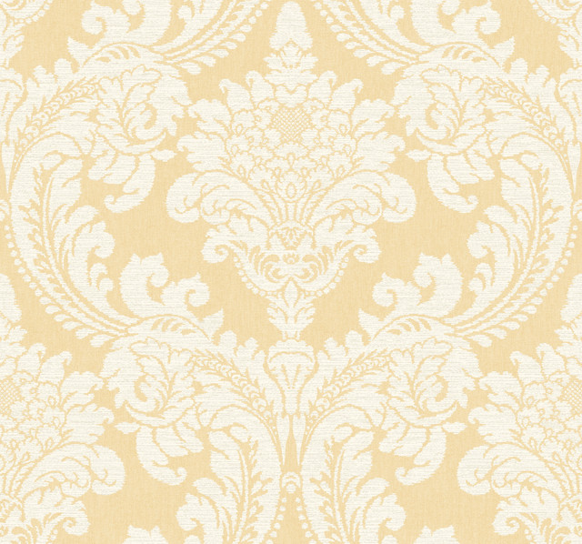 York Wallcoverings Tapestry Damask Yellow Wallpaper Grandmillennial Covers about 60.8 square feet 27-in by 27-ft long roll Prepasted 25.25 - My Fabric Connection -