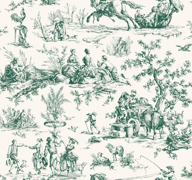 York Wallcoverings Seasons Toile Dark Green Wallpaper Grandmillennial Covers about 60.8 square feet 27-in by 27-ft long roll Prepasted 25.25 - My Fabric Connection -