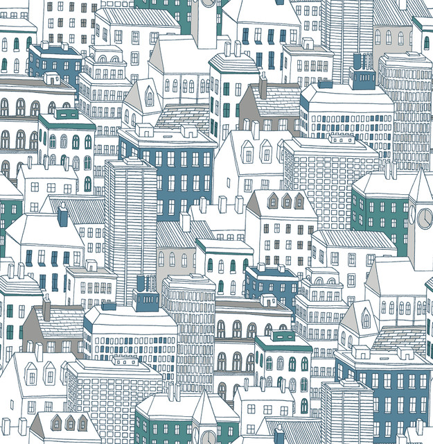Brewster West Teal City Wallpaper Brewster Kids Covers about 56.4 square feet 20.5-in by 33-ft long roll Unpasted 21 - My Fabric Connection -