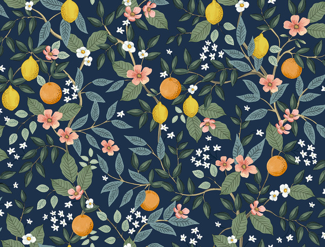 Rifle Paper Co. Citrus Grove Navy Peel & Stick Wallpaper P&S Rifle Paper 2 Covers about 45 square feet 27-in by 20-ft long roll Peel & Stick 20.5 - My Fabric Connection -