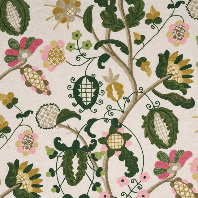 Schumacher Fabric Mandevilla Embroidery Pink & Green 81511 Uncommon Threads 25.5" - My Fabric Connection -
