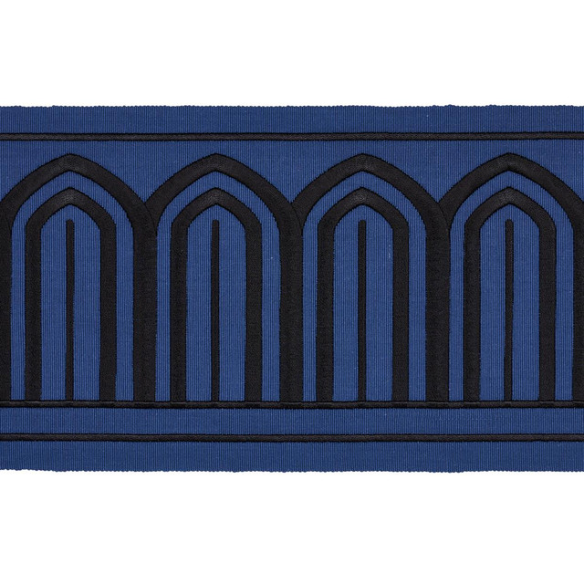 Schumacher Trim Arches Embroidered Tape Wide Black On Navy 81160 Miles Redd 5.3" - My Fabric Connection - Schumacher Trim Arches Embroidered Tape Wide Black On Navy 81160 Miles Redd 5.3" - My Fabric Connection -