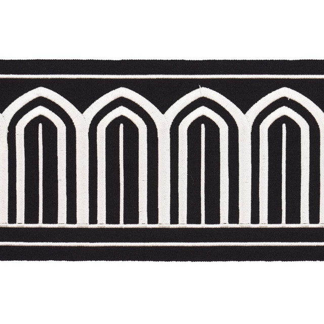 Schumacher Trim Arches Embroidered Tape Wide White On Black 70777 Miles Redd 5.3" - My Fabric Connection - Schumacher Trim Arches Embroidered Tape Wide White On Black 70777 Miles Redd 5.3" - My Fabric Connection -
