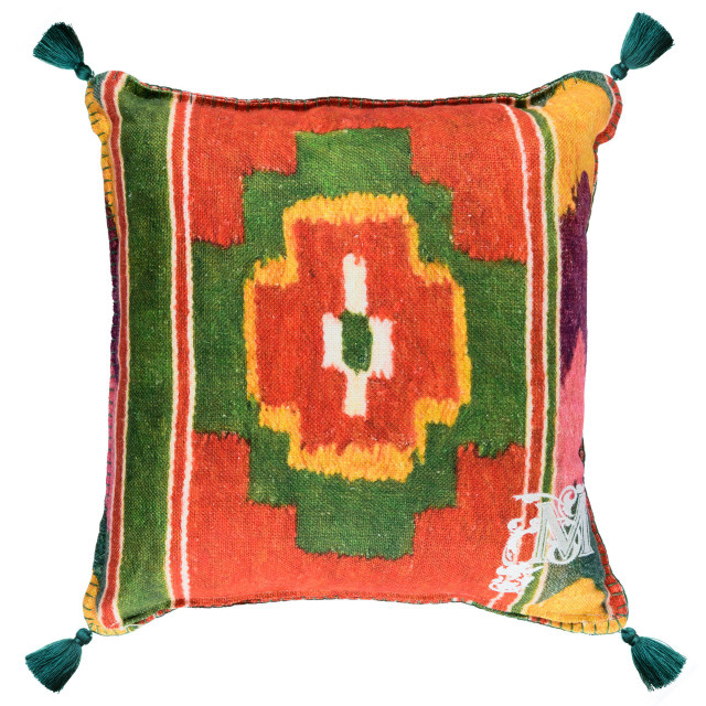 ERDELY Linen Cushion (LC40086) by Mind The Gap Designer Pillows | LC40086 | TRANSYLVANIAN ROOTS | 20 x 20 in | Green, Ochre, Pink, Red | Fabric Carolina | https://www.fabriccarolina.com/