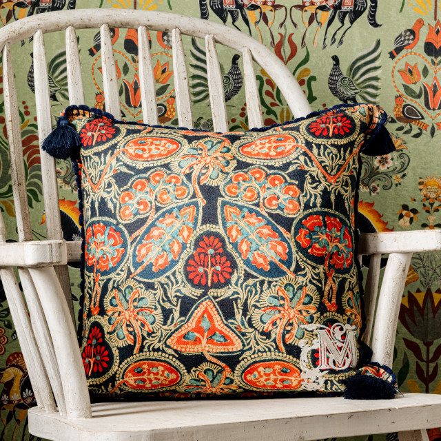 HEIRLOOM Linen Cushion (LC40088) by Mind The Gap Designer Pillows | LC40088 | TRANSYLVANIAN ROOTS | 20 x 20 in | Blue, Orange, Red, Taupe | Fabric Carolina | https://www.fabriccarolina.com/