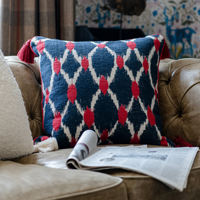 SEEBENSEE Cushion (LC40191) by Mind The Gap Designer Pillows | LC40191 | TYROL APRES-SKI HOME COLLECTION | 20 x 20 in | Blue, Red, White | Fabric Carolina | https://www.fabriccarolina.com/