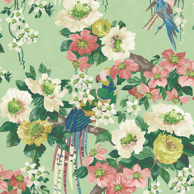 1838 Wallcoverings Wallpaper Floral Serenade (Wp) # 02 Verde V&A Decorative Papers Ii HALF DROP PASTE THE WALL UNITED KINGDOM V-21" 20.5"X11YD - My Fabric Connection -