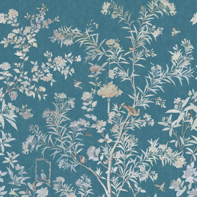 1838 Wallcoverings Wallpaper Moor Park (Wp) # 01 Prussian Blue V&A Decorative Papers Iii STRAIGHT PASTE THE WALL UNITED KINGDOM V-118" H-82" 20.5"X13.7YD - My Fabric Connection -