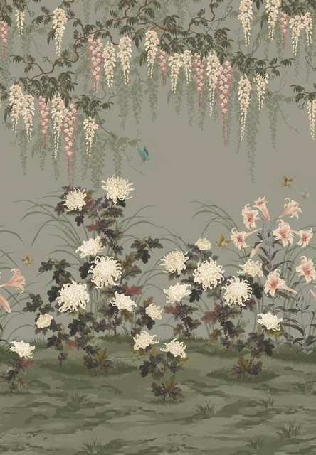 1838 Wallcoverings Wallpaper Wisteria Bloom (Wp) # 04 Dark Sage V&A Decorative Papers Iii STRAIGHT PASTE THE WALL UNITED KINGDOM V-118" H-82" 20.5"X13.7YD - My Fabric Connection -