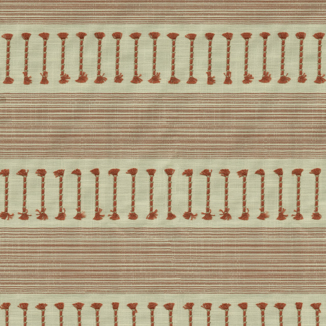 PK Lifestyles Fabric Fringe Stripe Emb Coral 472221 Cultural Exchange IX Base: 88% Polyester, 12% Cotton EMB: 84% Cotton, 16% Viscose India 50000 H: 6.125, V: 0.75 55 - My Fabric Connection -