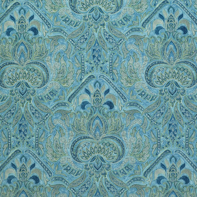 RM CoCo Fabric Sandahar Paisley Blue Topaz Painter's Palette Cerulean Blue to Viridian Green 100% Polyester See Sample 51000 Horizontal: 13.5 and Vertical: 27 54 - My Fabric Connection -